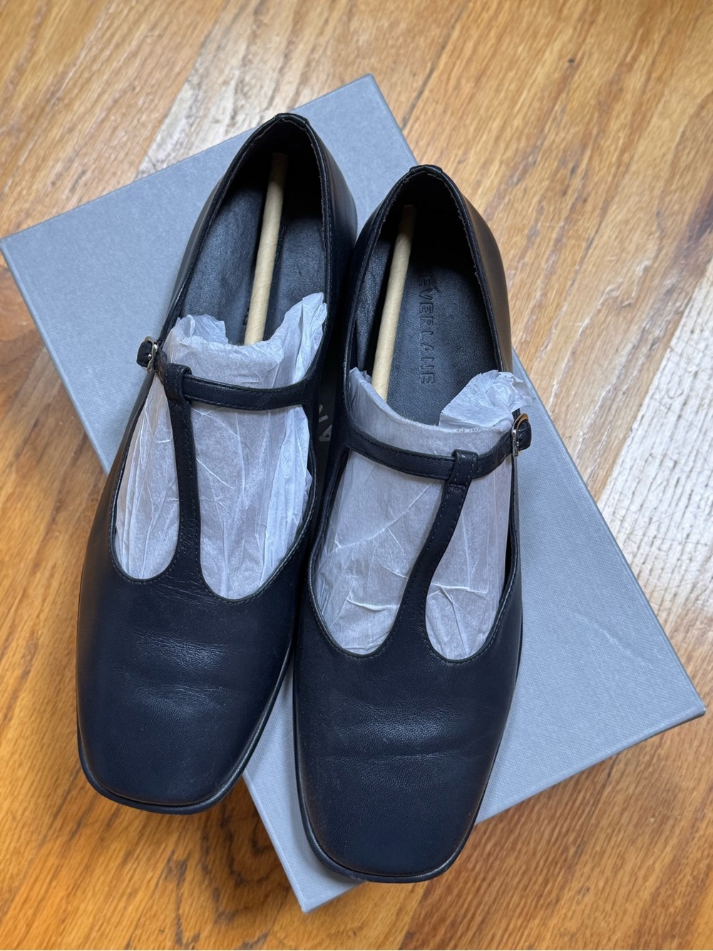 Everlane Navy Leather T-Strap Flat, 8.5